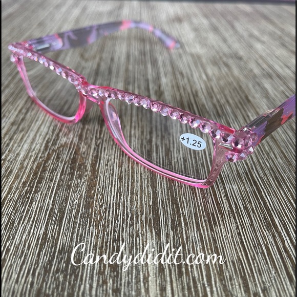 Translucent Pink Camo W/Orange Crystals Bling Reader Glasses With Case - Picture 4 of 10